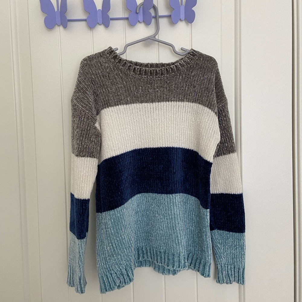 EUC |‎ Poof Girl girl’s striped tricolor soft plush knit sweater crewneck small